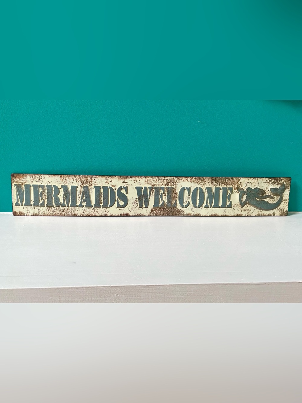 Mermaids Welcome Coastal Metal Wall Sign | Beach House Nautical Decor | 18”